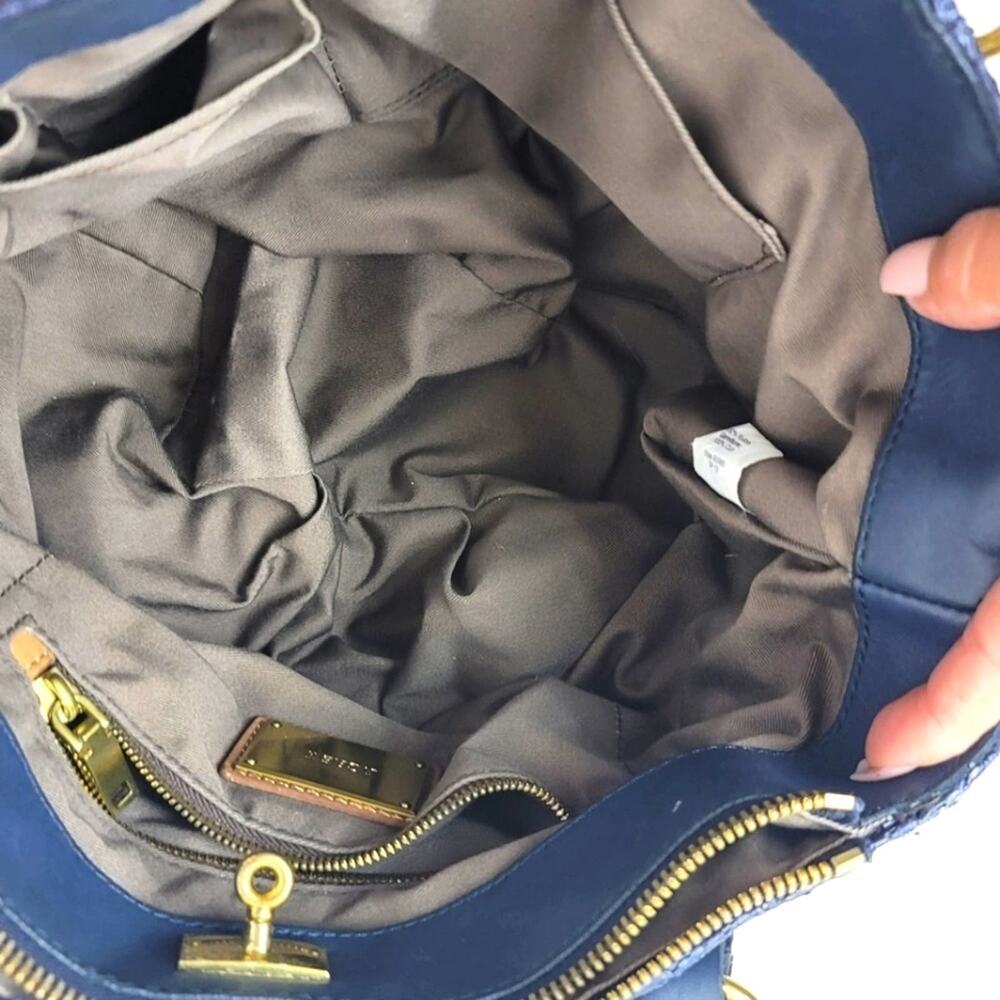 J. CREW Navy Blue Brompton Woven Straw Leather Trim Satchel Handbag Quiet Luxury - Picture 9 of 14